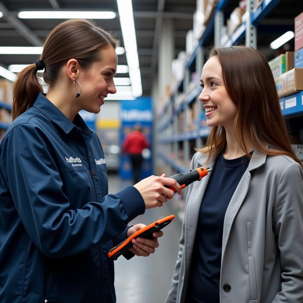 Halfords Staff Assisting Customer with Diagnostic Tool Selection