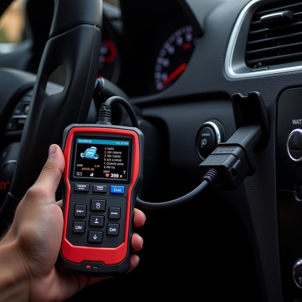 Handheld diagnostic tool connected to a car's OBD-II port