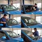 Auto glass replacement process in a Honolulu repair shop.