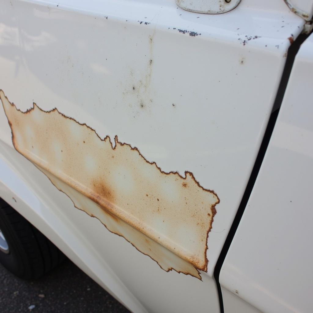 Improper surface preparation: Showing a car panel with rust and old paint still on it, before sanding and priming.