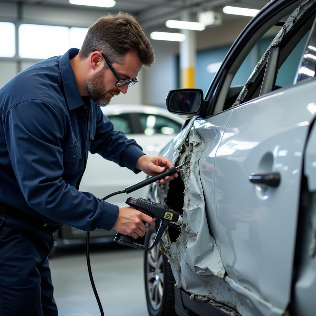 Independent Car Body Repair Inspector Checking Vehicle Damage