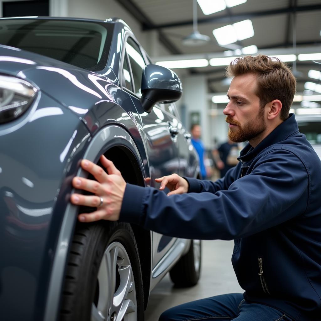 Inspecting car body repairs in Marsh Barton