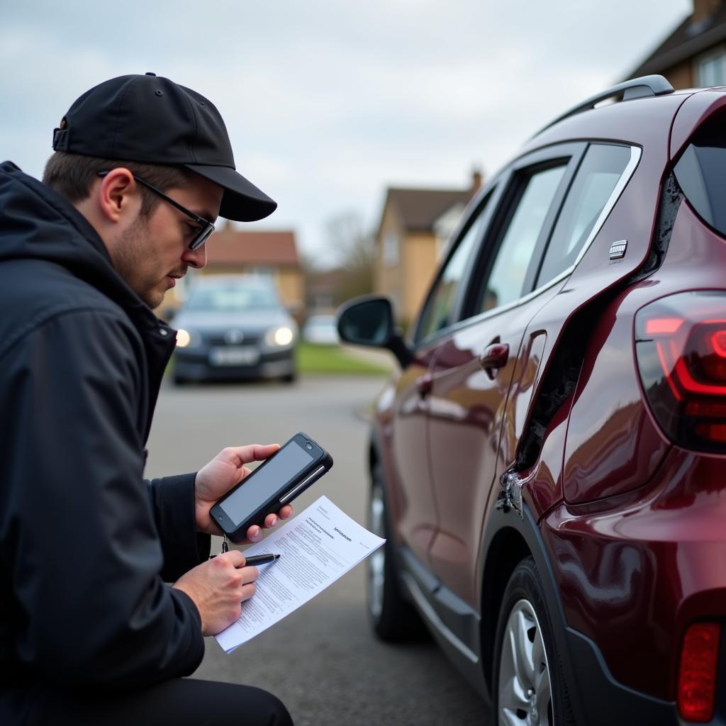 Insurance assessor examining a damaged car on the Isle of Sheppey