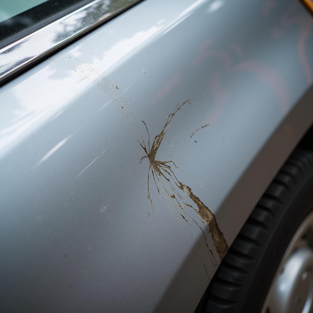 Close up image of keyed car damage showing deep scratch