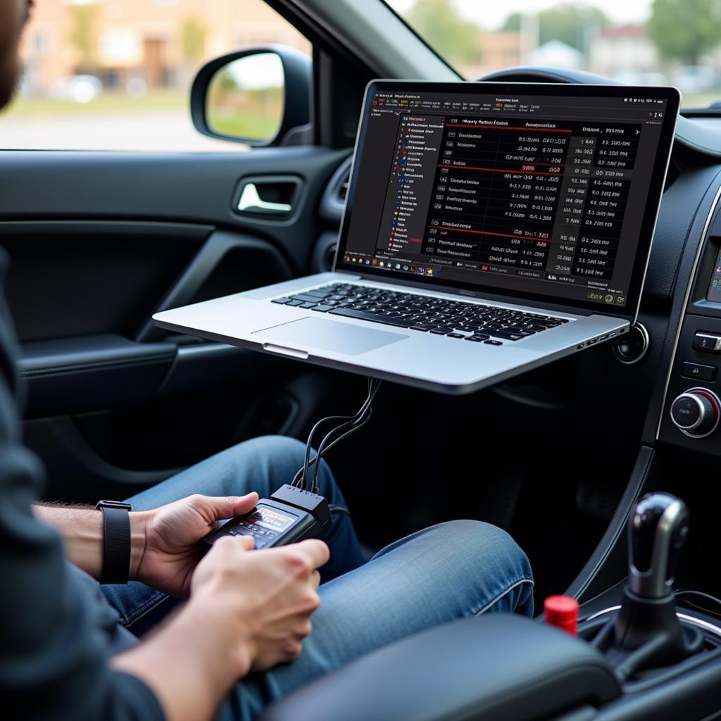 Laptop Connected to Car's OBD-II Port via Diagnostic Cable