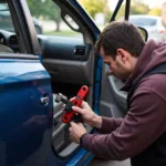 Locksmith opening a car door for repossession