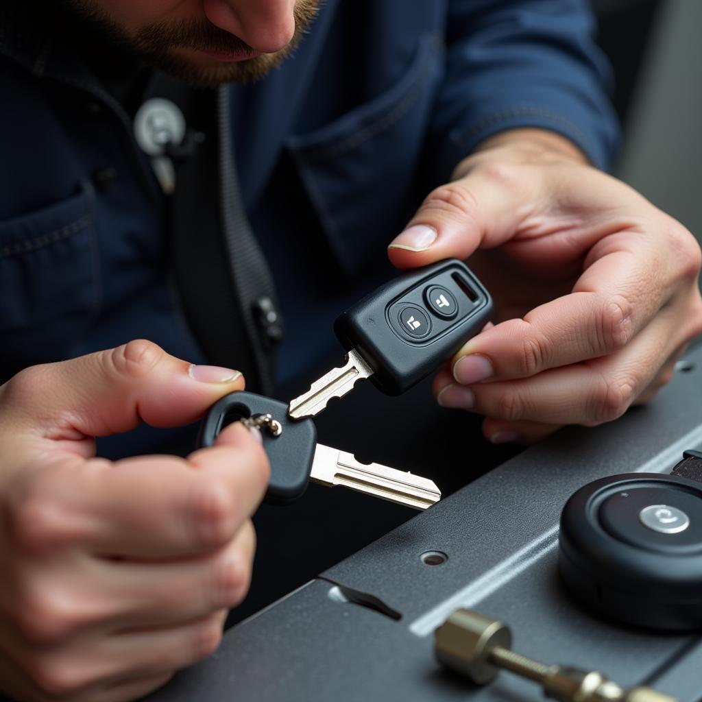 Locksmith repairing a car key