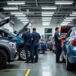 A bustling car body repair shop in London with technicians working on various vehicles.