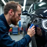 Inspecting a car at a London car body repair shop