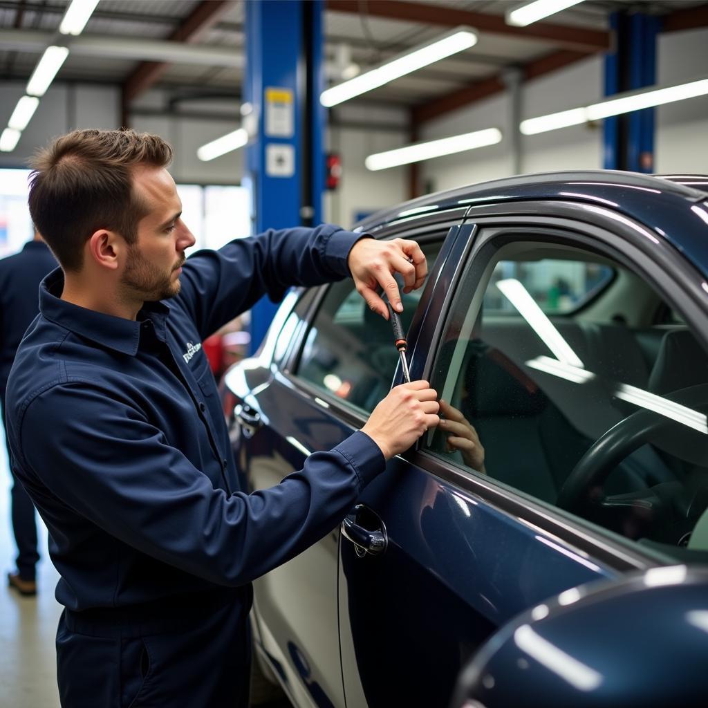 A car window being repaired in a Los Angeles auto repair shop