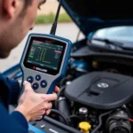 Mechanic using a Malini diagnostic tool on a car engine