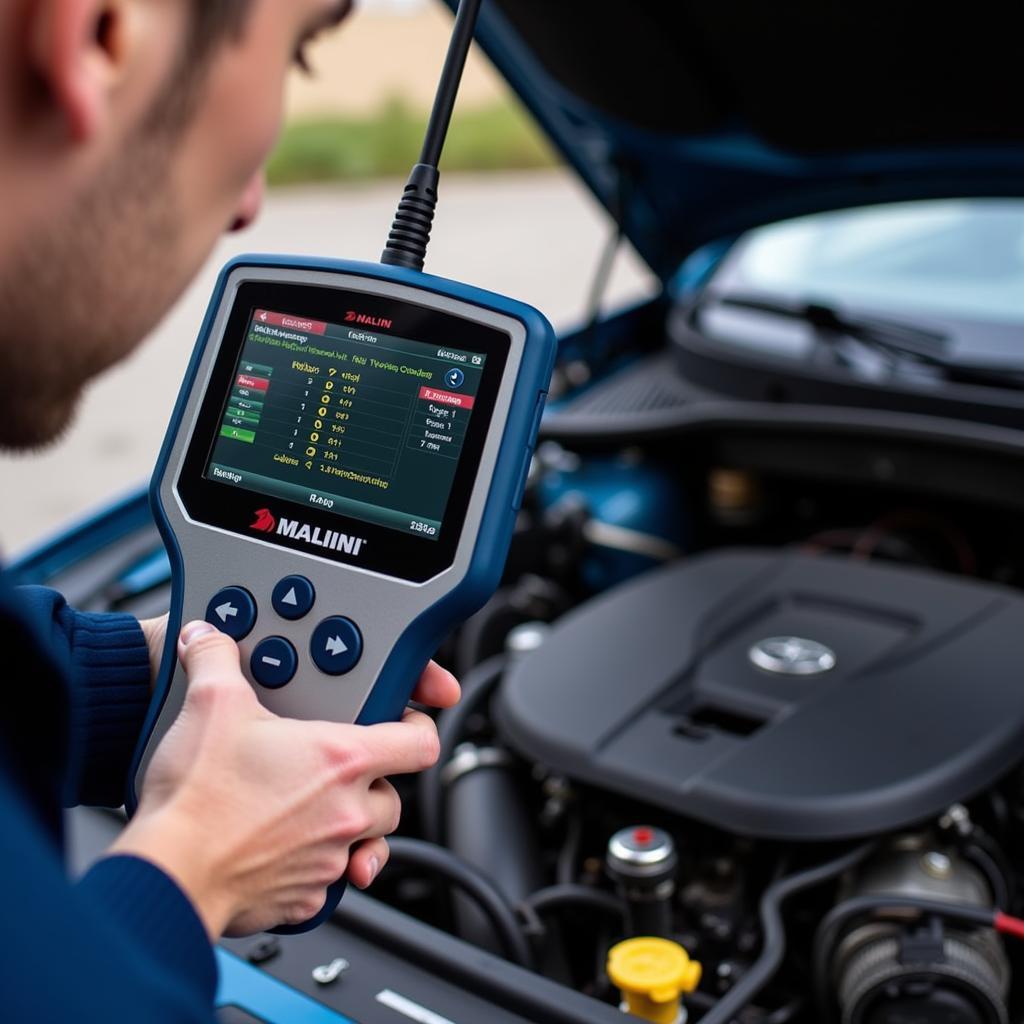 Mechanic using a Malini diagnostic tool on a car engine