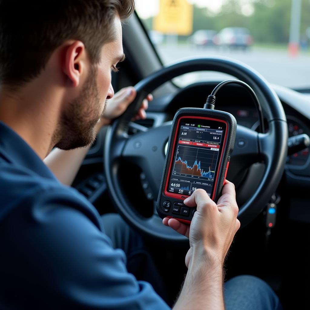 A mechanic analyzes diagnostic data from a car's computer system using a specialized tool