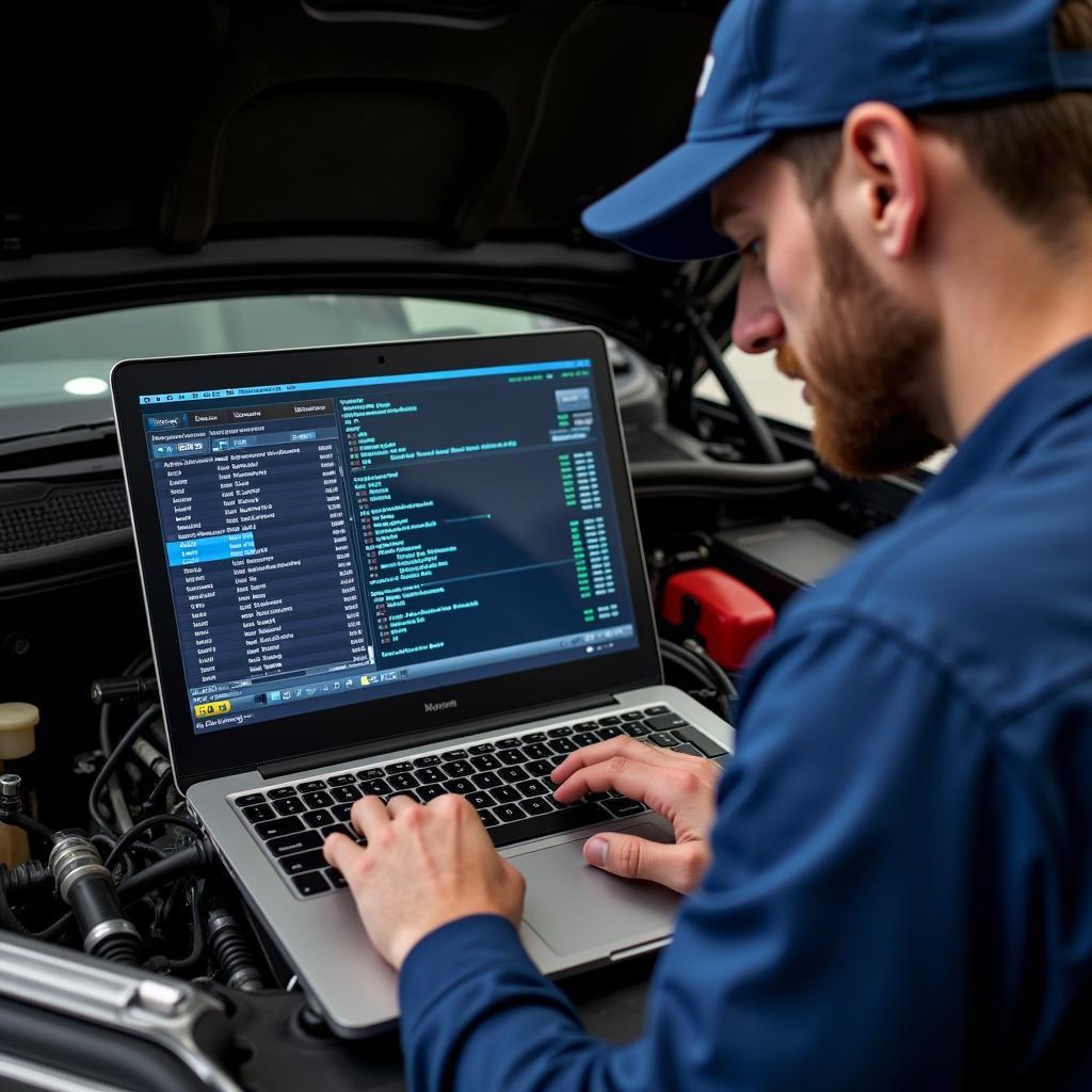 Mechanic Analyzing Diagnostic Data on Laptop