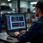 Mechanic Reviewing Diagnostic Test Results on a Laptop