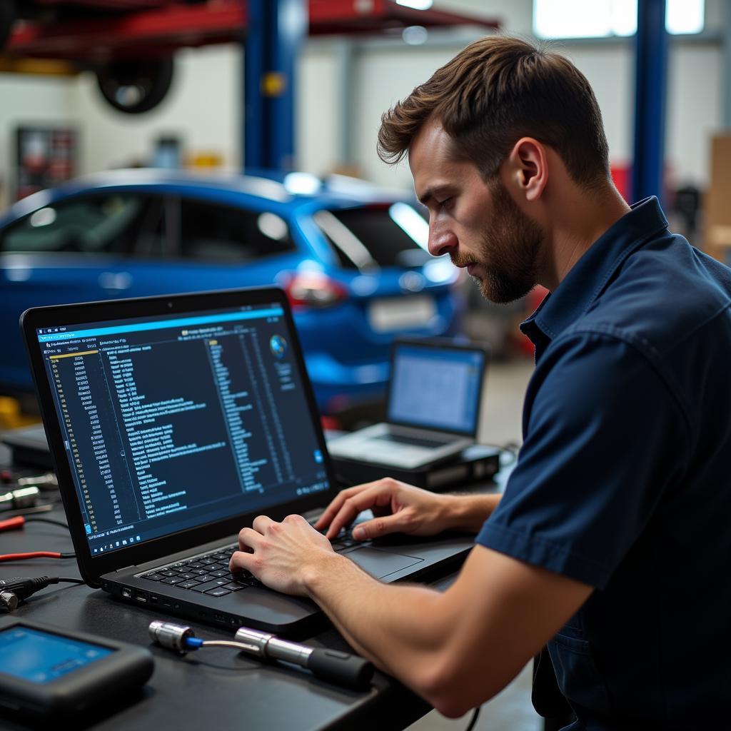 Mechanic Analyzing Diagnostic Results on Laptop