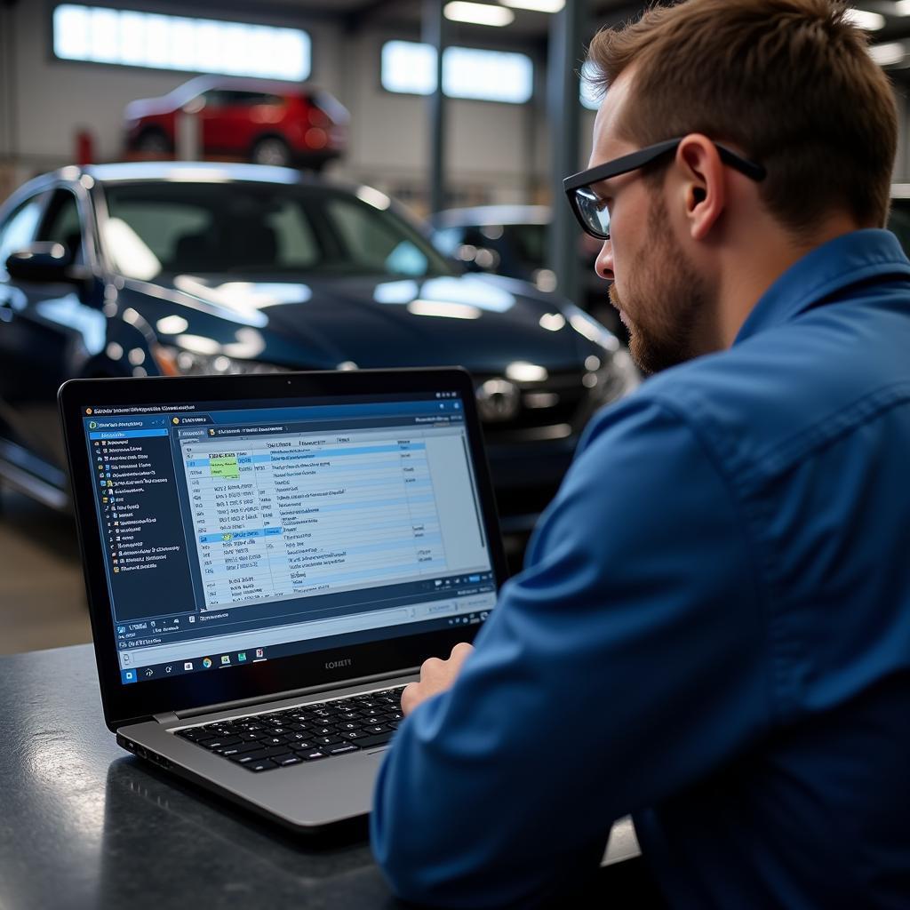 Mechanic Analyzing Diagnostic Results on Laptop