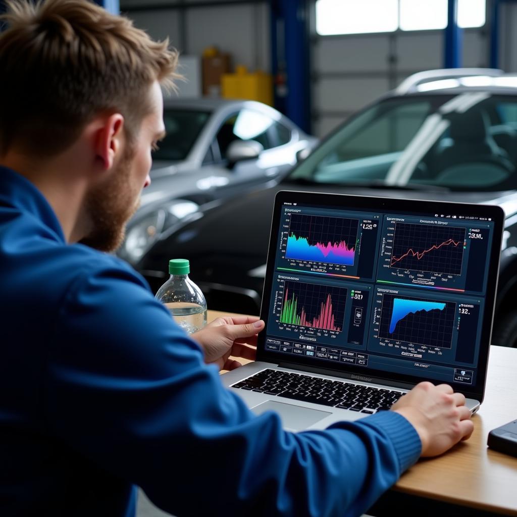 Mechanic Analyzing Diagnostic Results on a Laptop