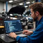 Mechanic Analyzing DTC Codes on Laptop in a Repair Shop