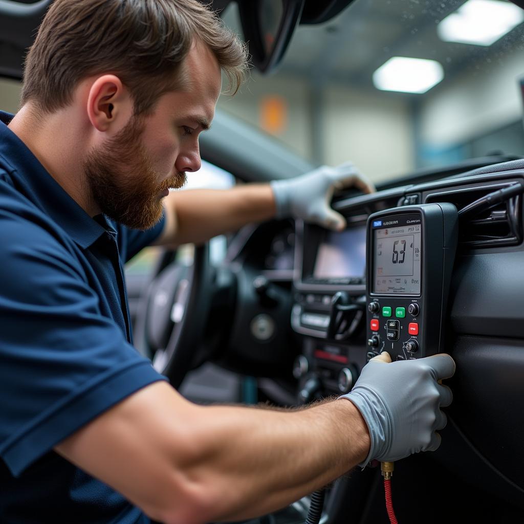 Mechanic Checking Car AC Refrigerant Levels