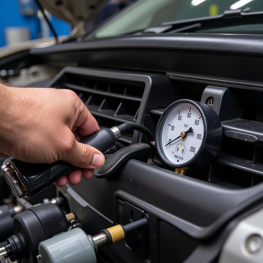 Mechanic Checking Car AC Refrigerant Levels