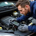 Mechanic diagnosing a car engine using a diagnostic tool