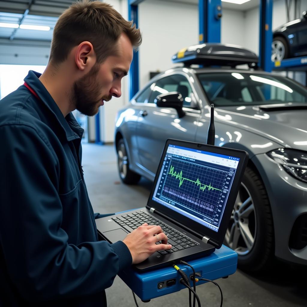 Mechanic Diagnosing Car AC Problem in Wrexham