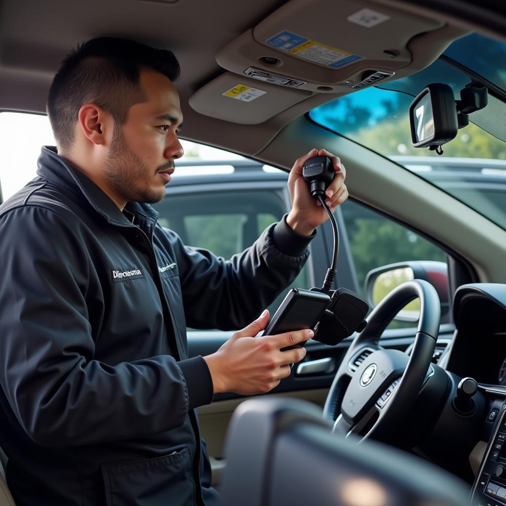 Mechanic diagnosing car window problem