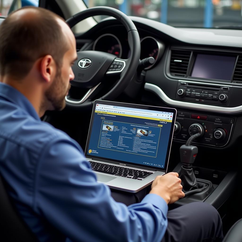 Mechanic Diagnosing a Tata Car Using Specialized Software