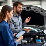 Mechanic explaining the results of a car AC diagnosis to a customer