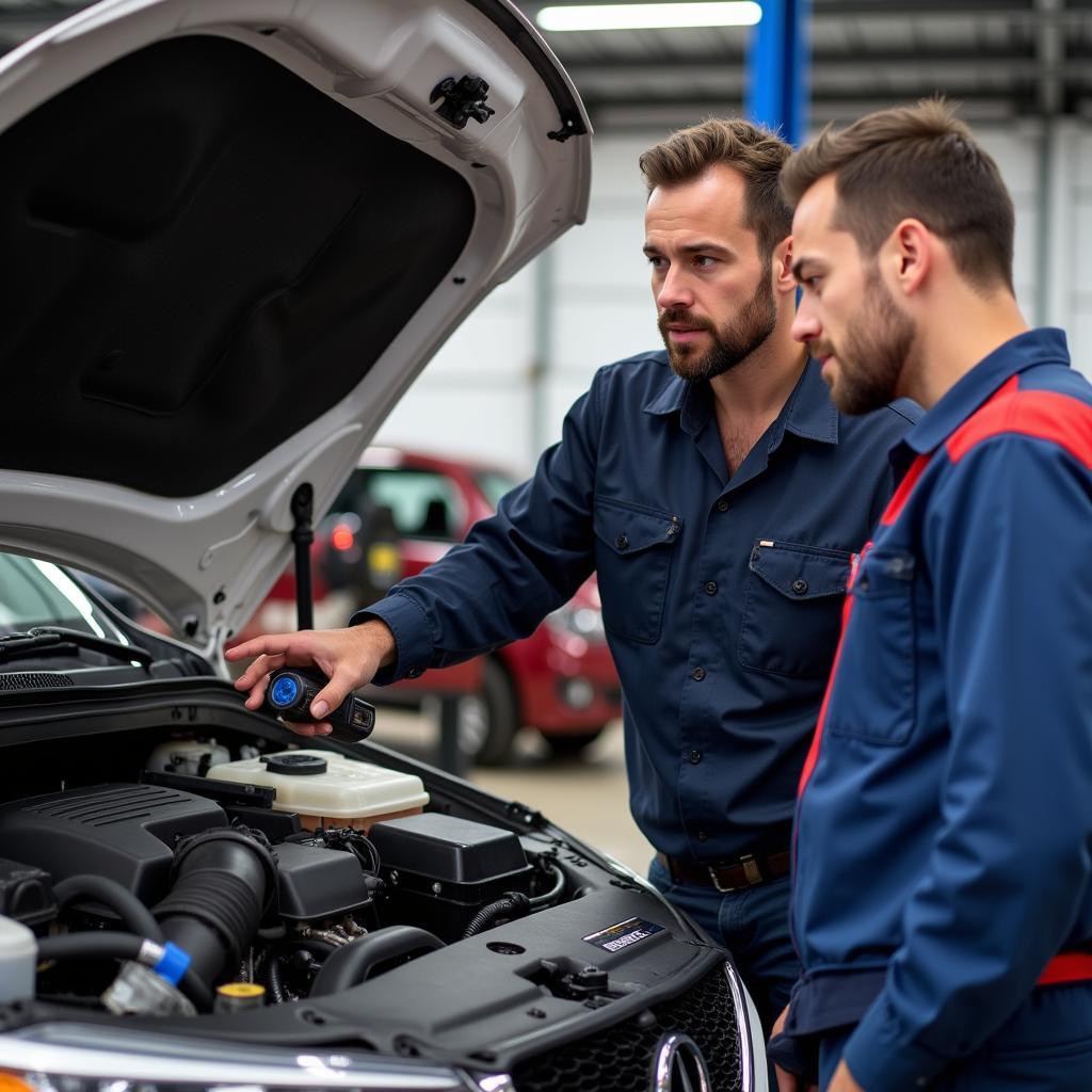 Mechanic Explaining Car AC Repair to Customer