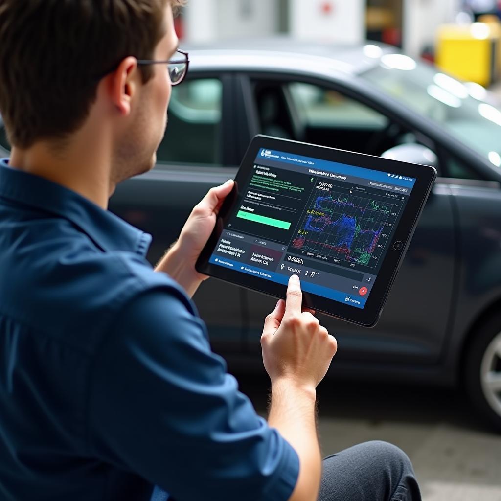 Mechanic Explaining Car Diagnosis to Customer Using a Tablet