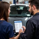 Mechanic Explaining Car Diagnostic Report to Customer