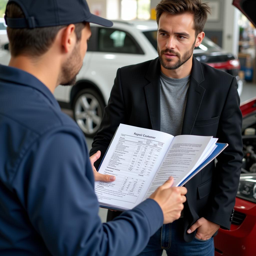 Mechanic Explaining Car Electrical Repair Estimate