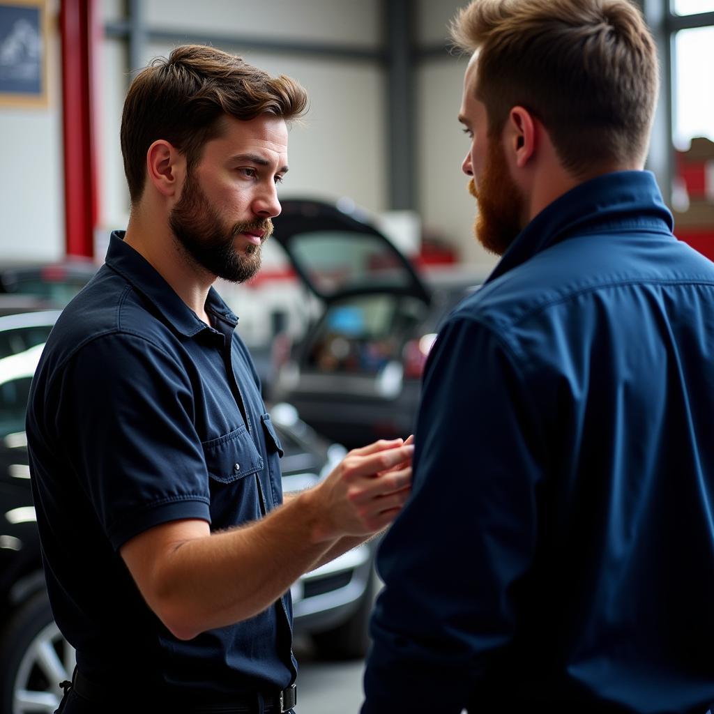 Mechanic Explaining Car Repair to Customer