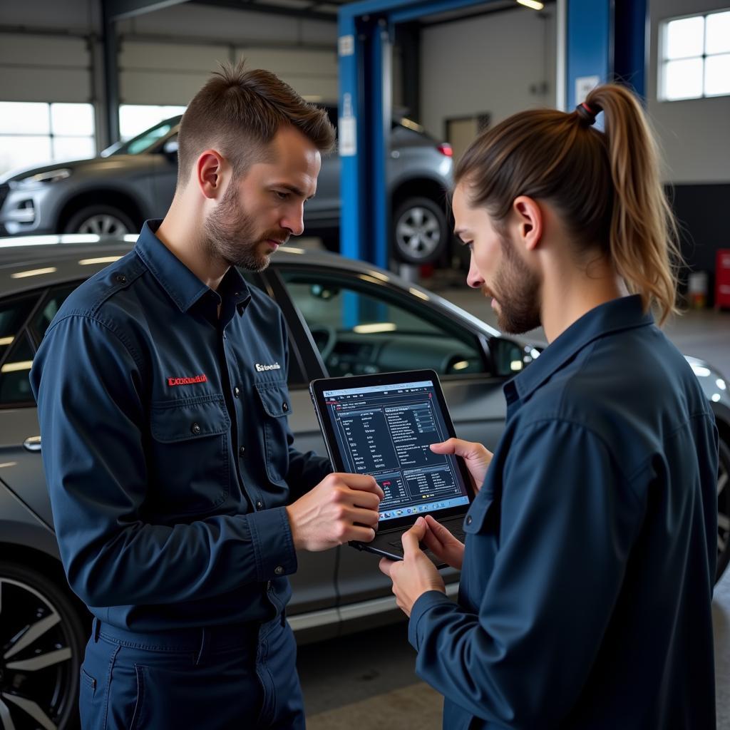 Mechanic Explaining Diagnostic Results to Car Owner