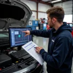 Mechanic Explaining Diagnostic Results to Customer