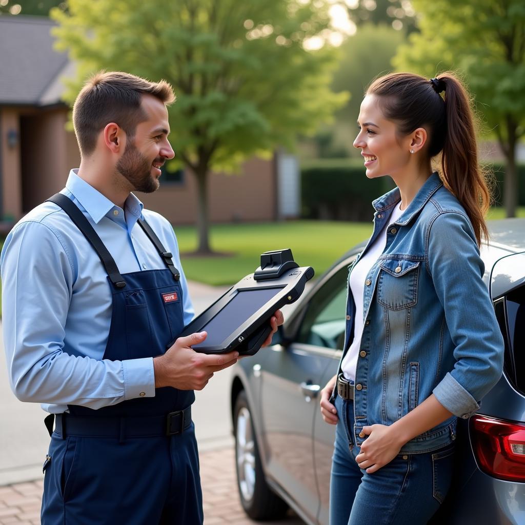 Mechanic explaining car diagnostic results to the owner during an onsite visit