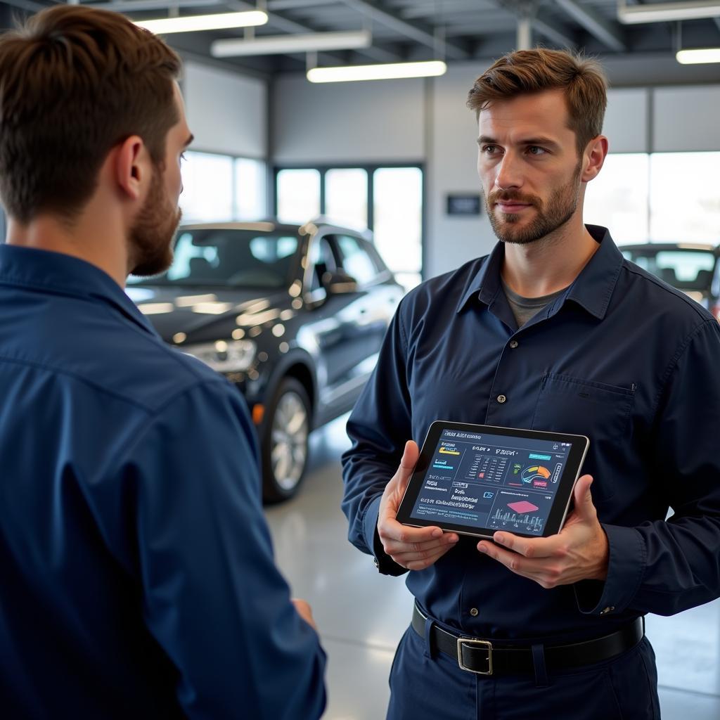 Mechanic Explaining Diagnostic Results to Customer