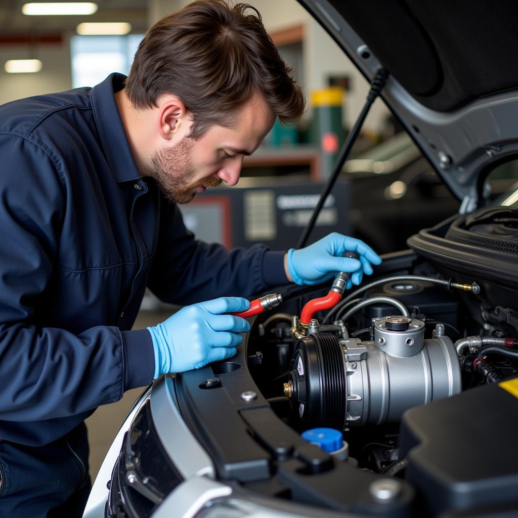 Mechanic Inspecting Car AC System in a UK Garage