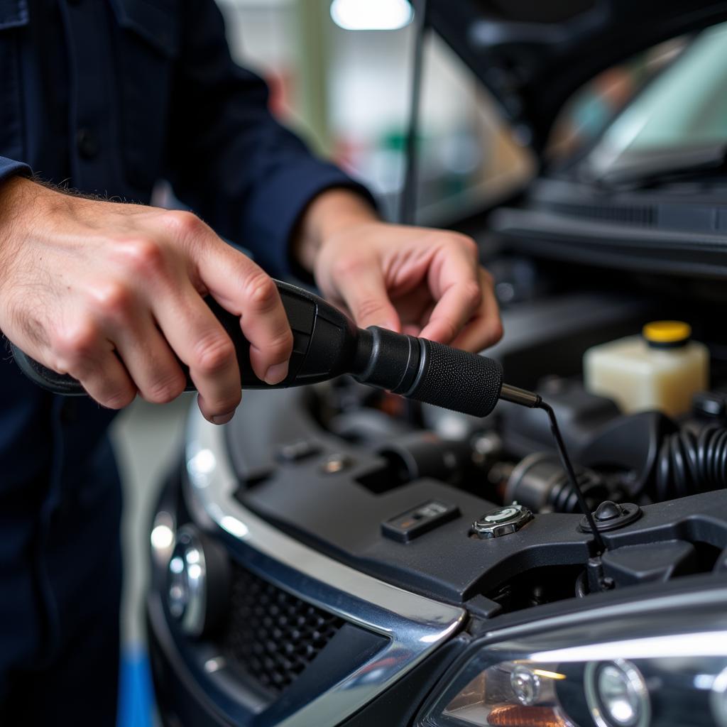 Mechanic Inspecting Car AC System