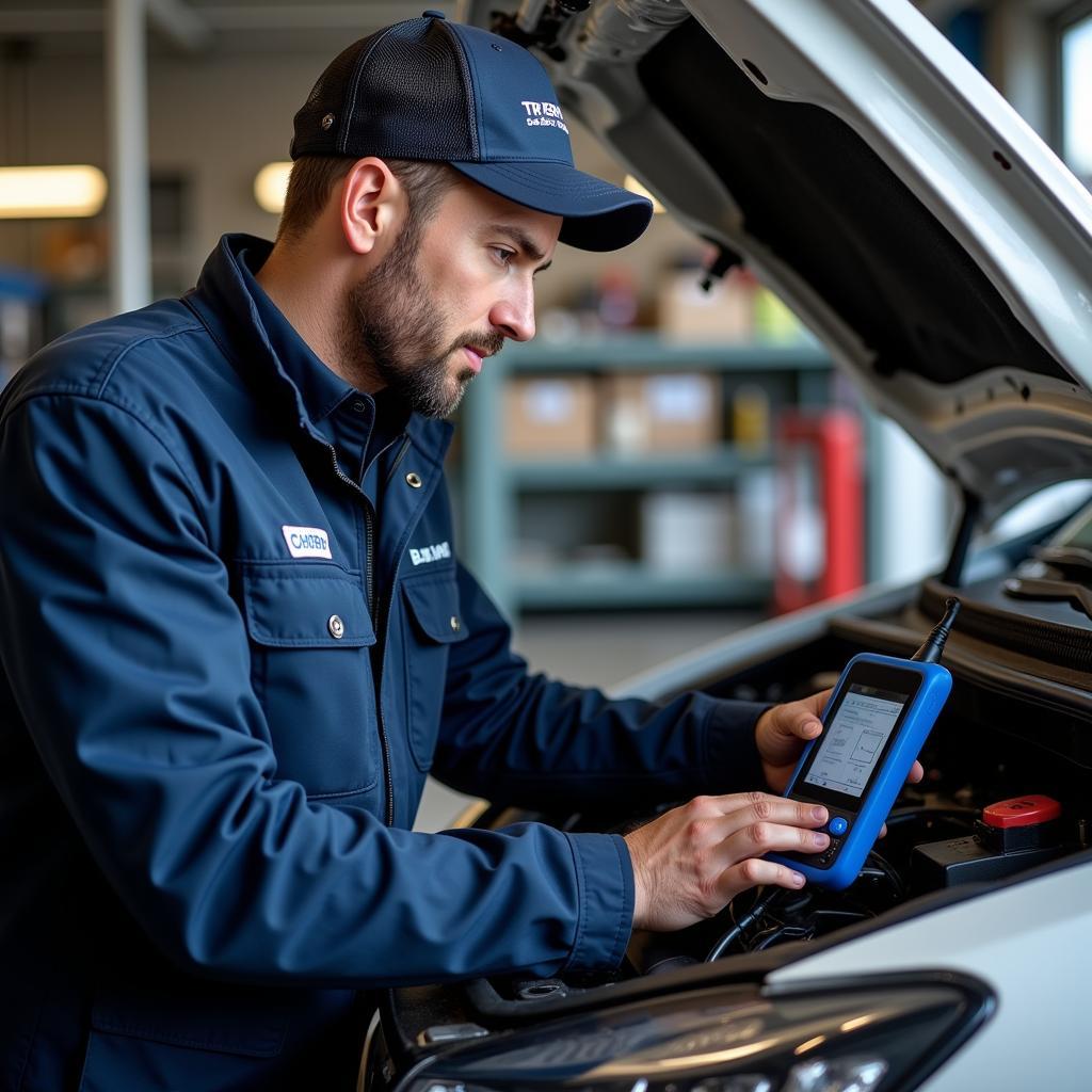 Mechanic Inspecting Car AC System