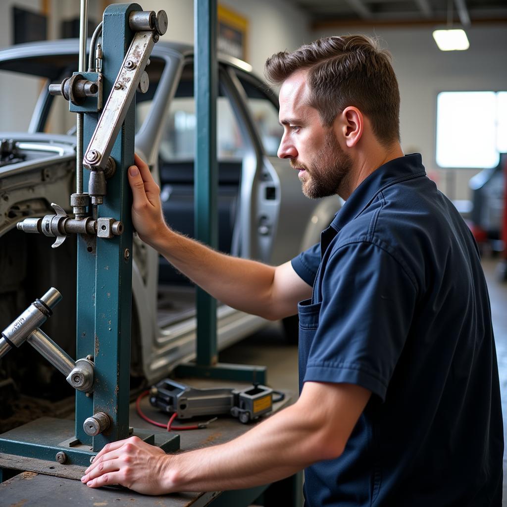 Mechanic Inspecting Car Body Repair Jig