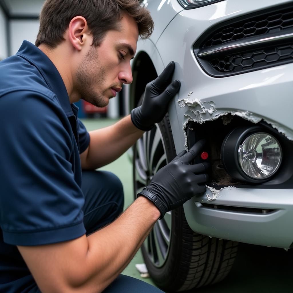 Mechanic Inspecting Car Bumper Damage