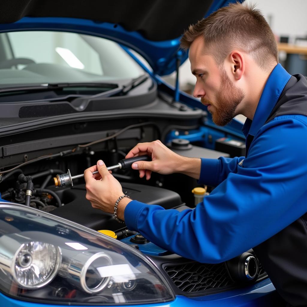 Mechanic performing preventative maintenance on a car's AC system