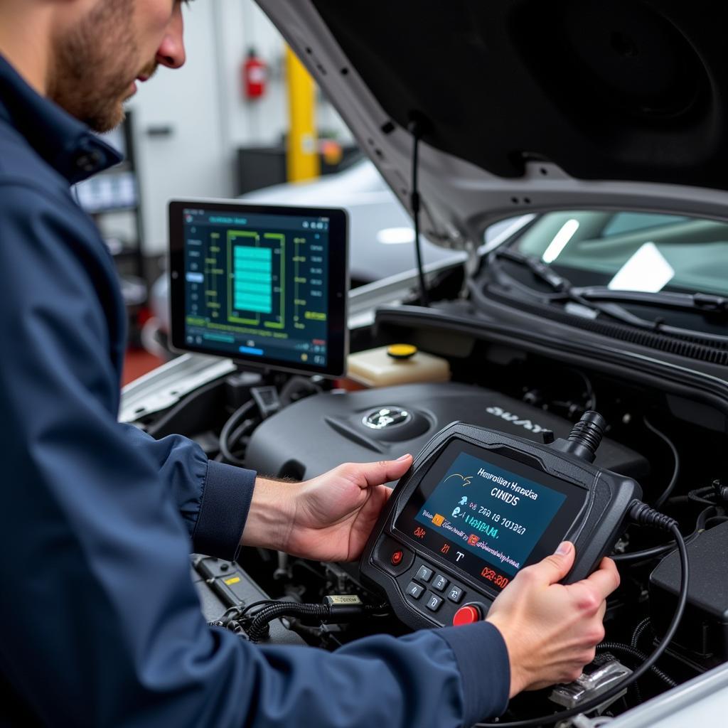 Mechanic performing a diagnostic assessment on a car