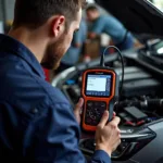 Mechanic Performing a Diagnostic Test Using Specialized Equipment