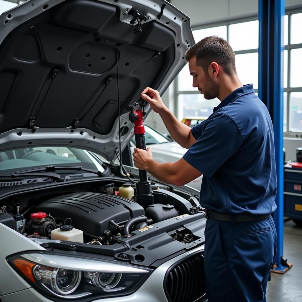 Mechanic performing a thorough car inspection in a repair shop