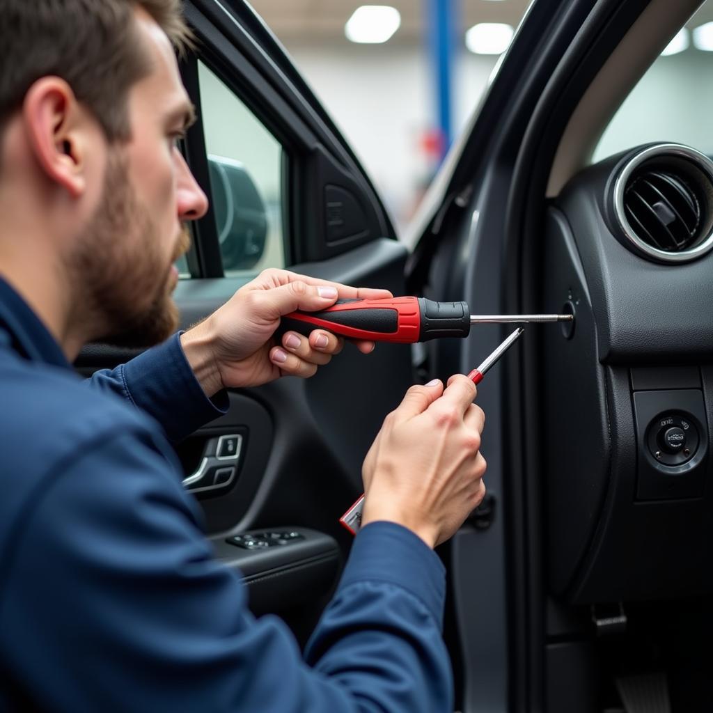 Mechanic Repairing Car Window Mechanism inside Door Panel