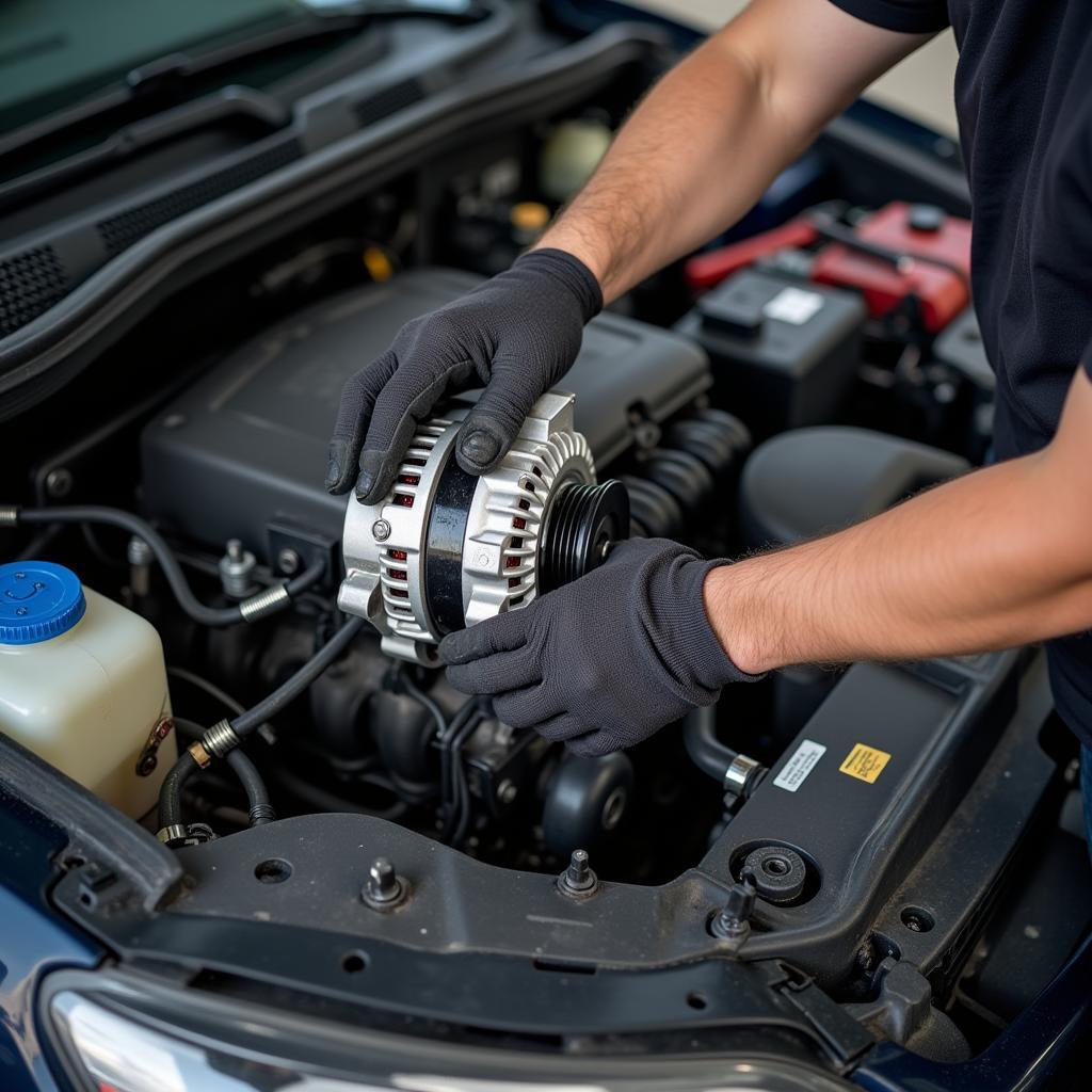 Mechanic Replacing Car Alternator